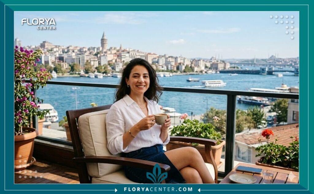 رحلة التعافي بعد عملية تجميل الأنف التحفظي في إسطنبول، تركيا، مع إطلالة ساحرة على البوسفور وبرج غلطة.