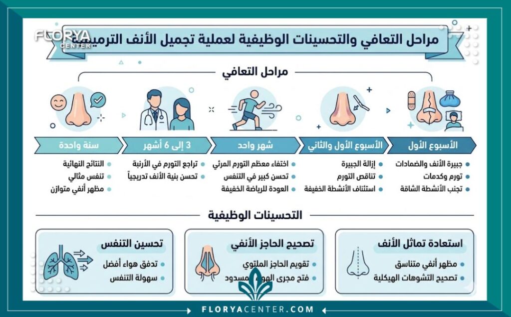 إنفوجرافيك يوضح مراحل التعافي وتحسن التنفس بعد جراحة تجميل الأنف الترميمي وعلاج التشوهات