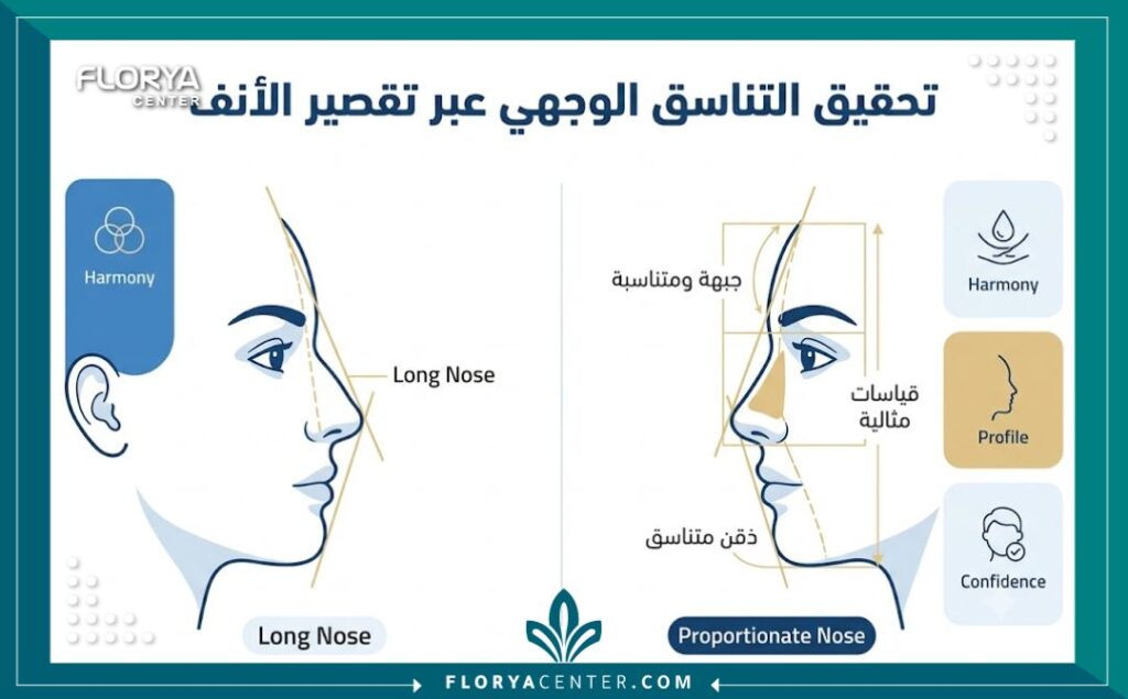 إنفوجرافيك يوضح كيفية تحقيق التناسب الوجهي بين الجبهة والأنف والذقن بعد عملية تصغير الأنف البارز.