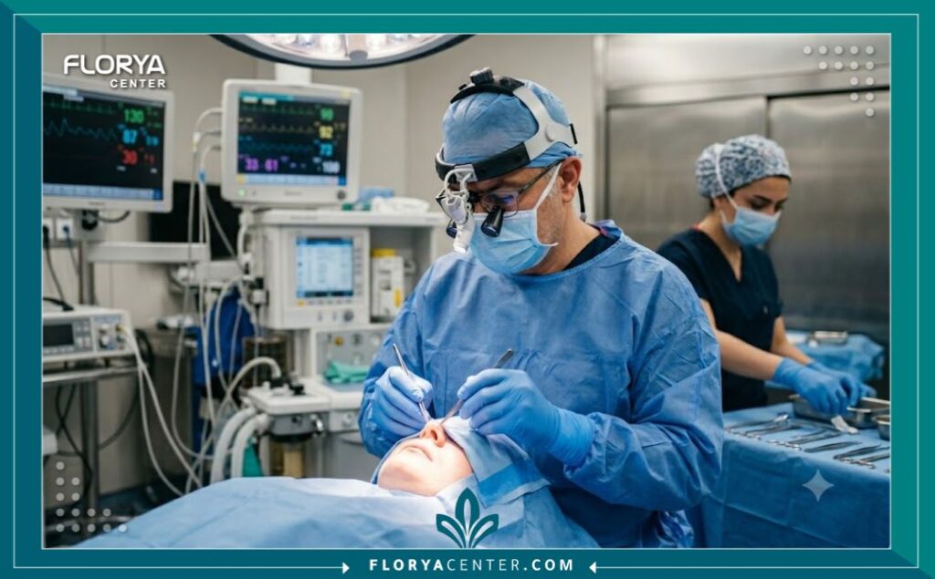 جراح تجميل تركي ماهر يجري عملية تجميل وتقصير الأنف الطويل داخل غرفة عمليات حديثة في إسطنبول.