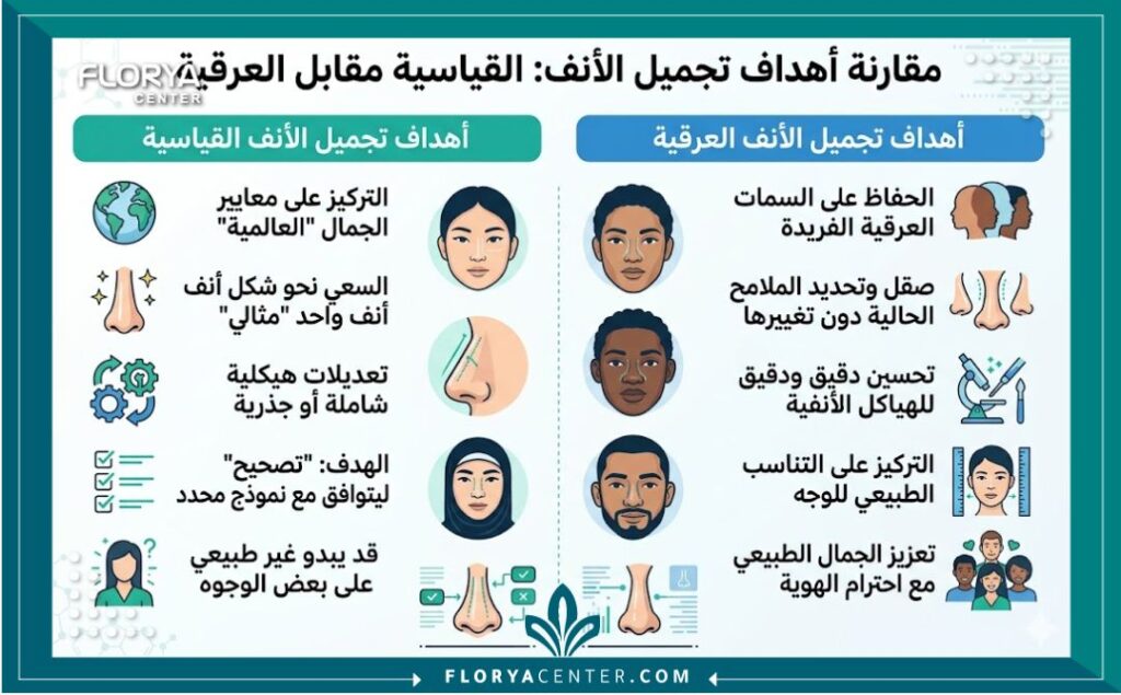 إنفوجرافيك يقارن بين تجميل الأنف التقليدي وتجميل الأنف العرقي مع التركيز على تناسق الملامح الطبيعية.