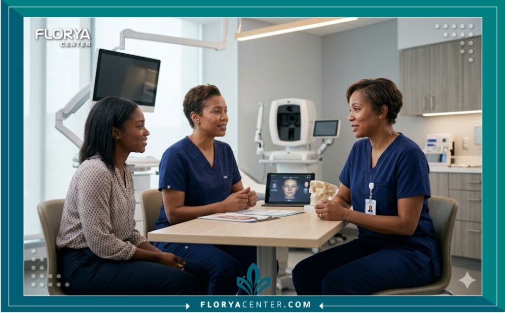 طبيب جراحة تجميلية يناقش خطة عملية تجميل الأنف العرقي مع مريضة داخل عيادة حديثة في إسطنبول.