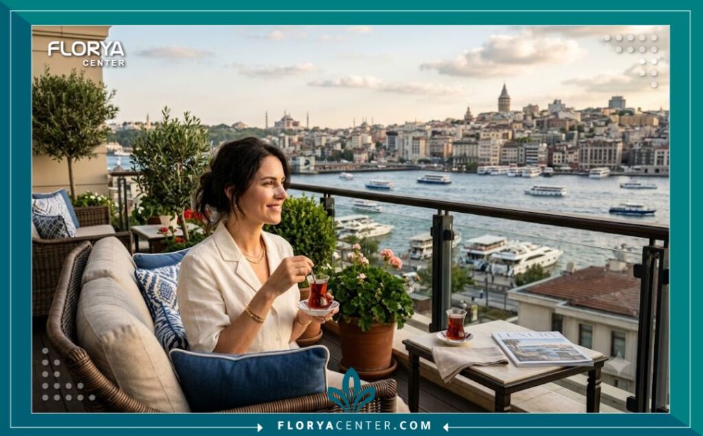 مريضة تقضي فترة النقاهة بفخامة في فندق مطل على البوسفور بعد إجراء عملية تجميل الأنف في تركيا.