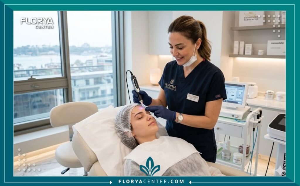 طبيب تجميل متخصص يمسك بجهاز البلازما في عيادة تجميل حديثة ومعقمة ومجهزة بأحدث التقنيات في تركيا.