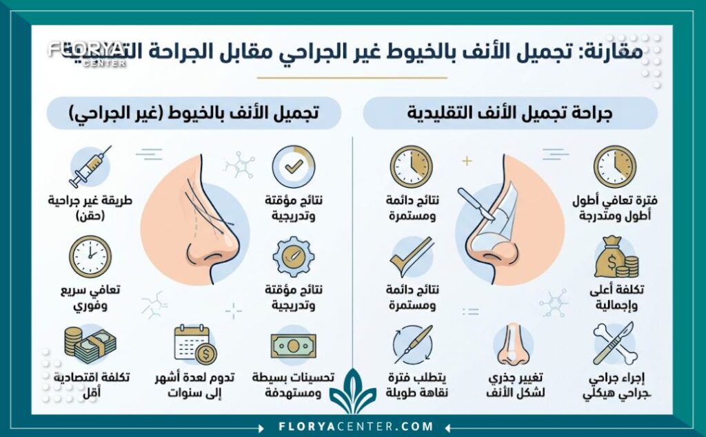 إنفوجرافيك يقارن بين مميزات تجميل الأنف بالخيوط في تركيا من حيث التكلفة المنخفضة وسرعة التعافي مقابل الجراحة التقليدية.
