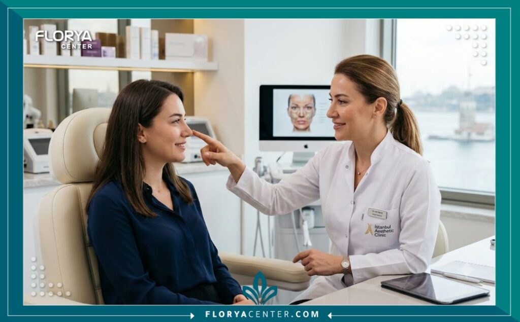 طبيب تجميل متخصص يقوم بفحص أنف مريضة ويشرح خطوات الإجراء غير الجراحي في عيادة حديثة في تركيا.