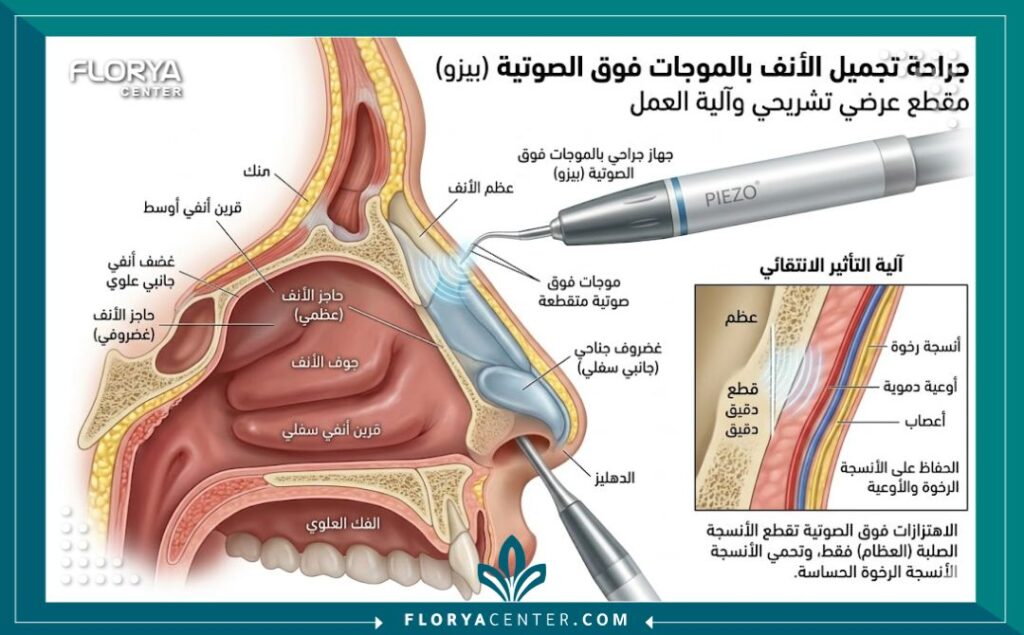 رسم توضيحي طبي يوضح آلية عمل تقنية بيزو في تجميل الأنف لنحت العظام بدقة دون الإضرار بالأنسجة الرخوة.