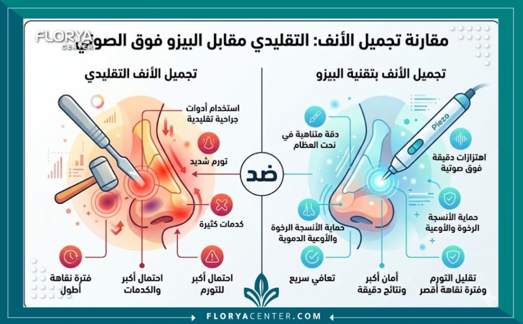إنفوجرافيك يقارن بين تجميل الأنف التقليدي وتجميل الأنف بتقنية بيزو الحديثة من حيث دقة النحت وتقليل الكدمات وفترة التعافي.