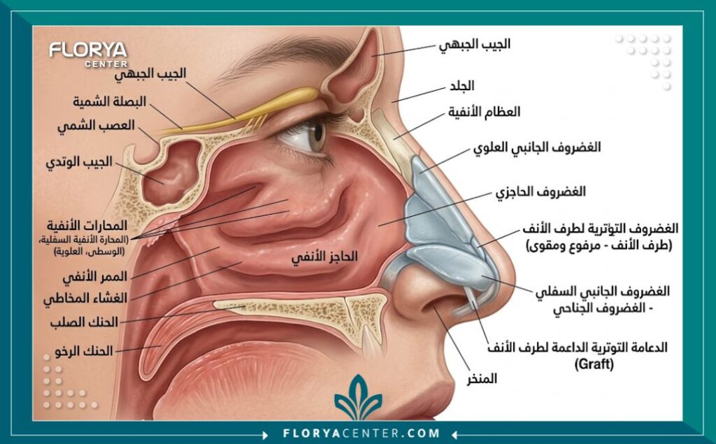 تجميل الأنف بتقنية الشد الغضروفي في تركيا 2 رسم توضيحي طبي يشرح تشريح الأنف ويوضح كيفية تقوية الهيكل في عملية تجميل الأنف بالشد الغضروفي لمنع تدلي الأرنبة.