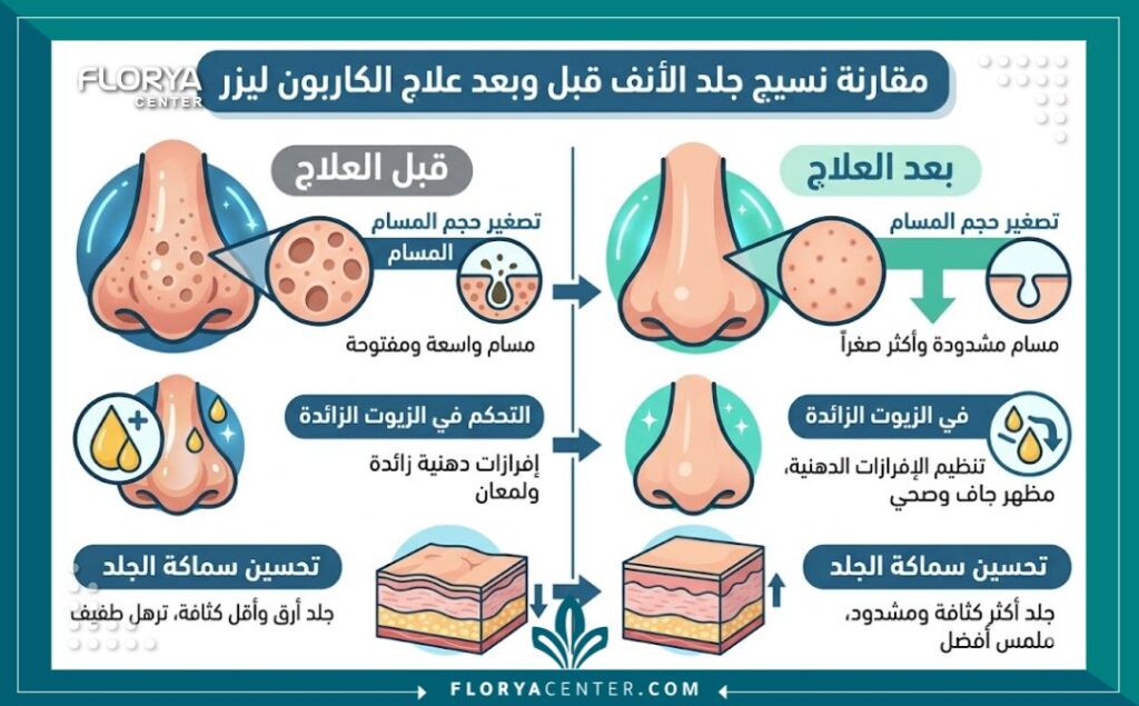 تجميل الأنف بتقنية الليزر الكربوني 3 إنفوجرافيك يقارن بين شكل ومسام الأنف اللحمي قبل وبعد استخدام الليزر الكربوني لتحسين سماكة الجلد.