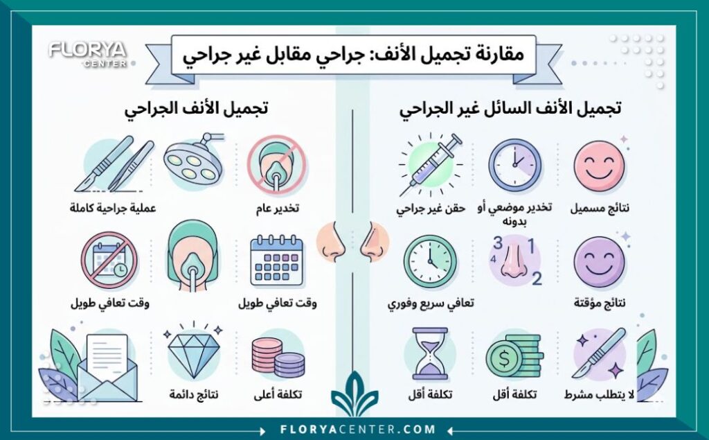 تجميل الأنف غير الجراحي في تركيا 3 إنفوجرافيك يقارن بين تجميل الأنف الجراحي وتجميل الأنف غير الجراحي في تركيا بالفيلر لبيان سرعة التعافي وتجنب التخدير.