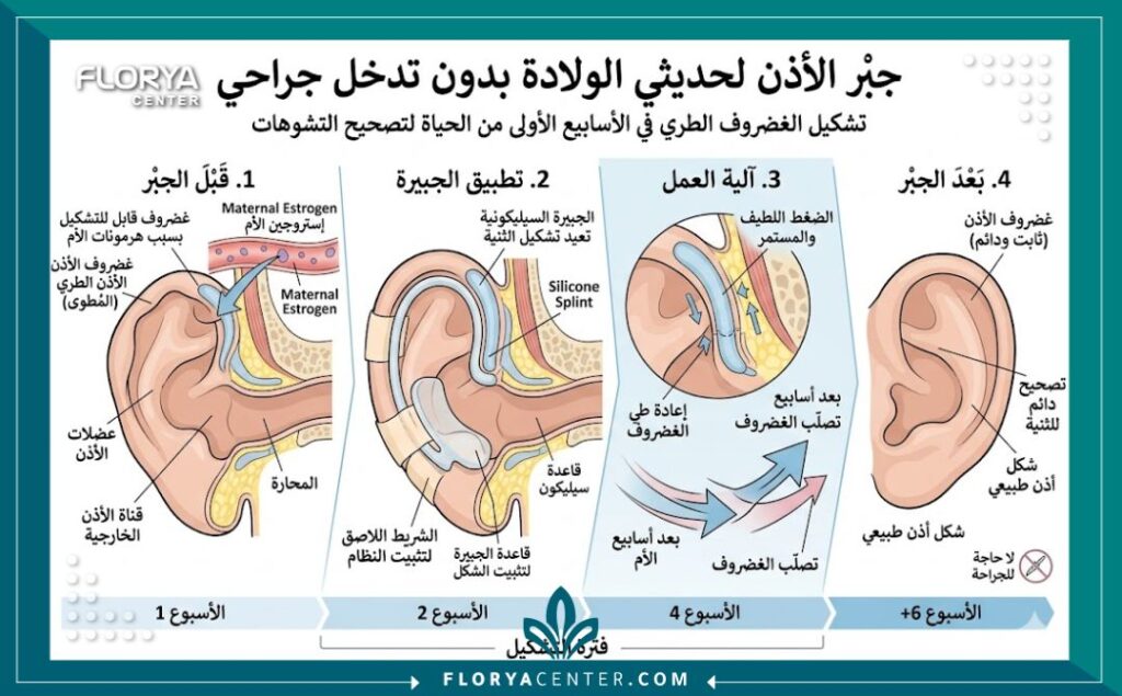 رسم توضيحي طبي يشرح تشريح غضروف أذن الرضيع الطري وكيفية عمل قوالب السيليكون لتقويم الأذن البارزة في الأسابيع الأولى