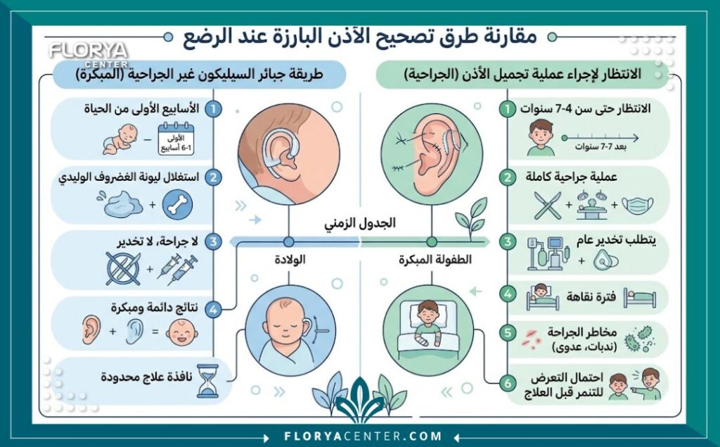 إنفوجرافيك يقارن بين علاج تجميل الاذن البارزة عند الرضع بقوالب السيليكون بدون جراحة وتوفير الوقت والتكلفة مقارنة بالعمليات الجراحية لاحقاً.