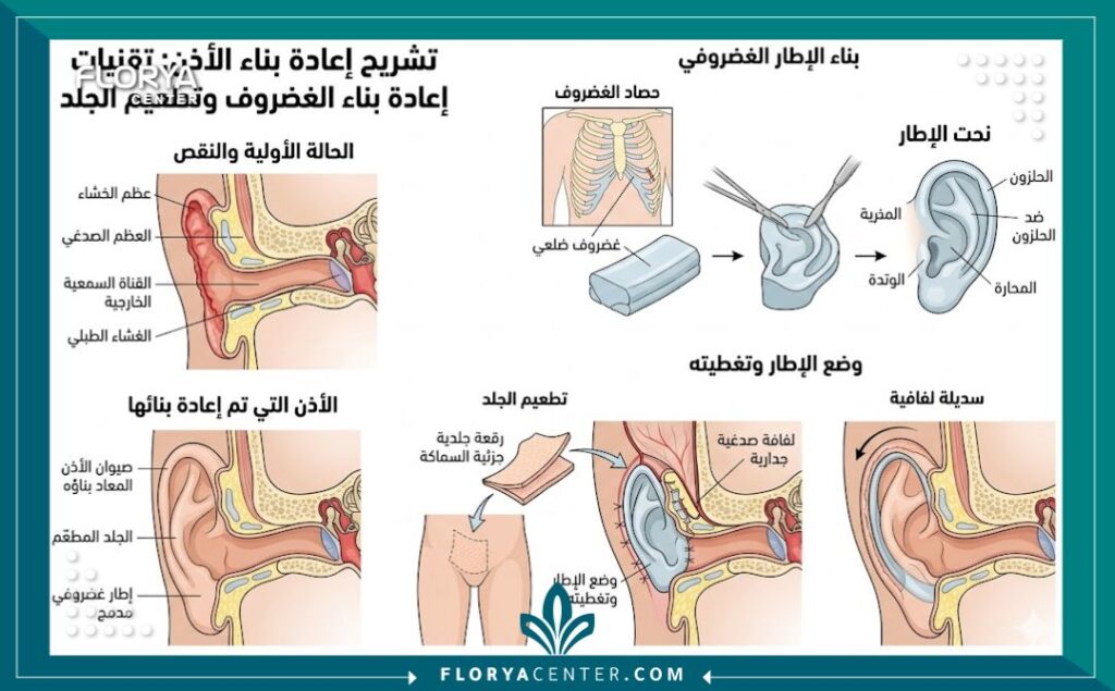 تجميل الاذن المقطوعة في تركيا 2 رسم توضيحي طبي لتشريح الأذن يوضح تقنيات ترقيع الجلد وترميم الغضروف لعلاج الأذن المفقودة.