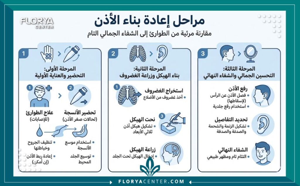 تجميل الاذن المقطوعة في تركيا 3 إنفوجرافيك يشرح مراحل التعافي وخطوات جراحة تجميل الأذن المقطوعة من الإصابة حتى الشفاء.