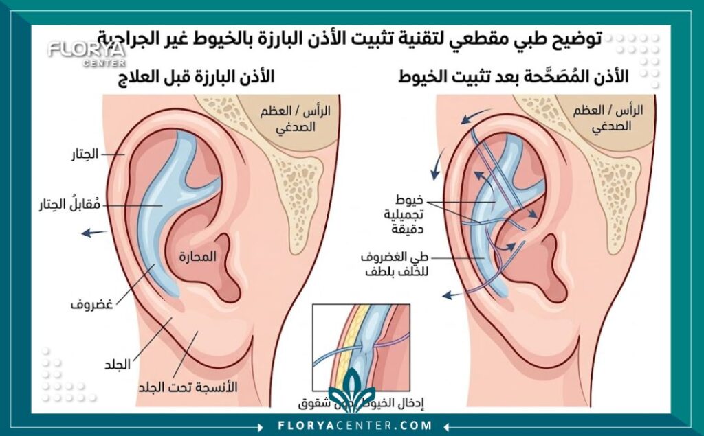 رسم توضيحي طبي يشرح تشريح غضروف الأذن وكيفية طي الأذن البارزة باستخدام الخيوط الكورية المتطورة بدون جراحة أو قطع.