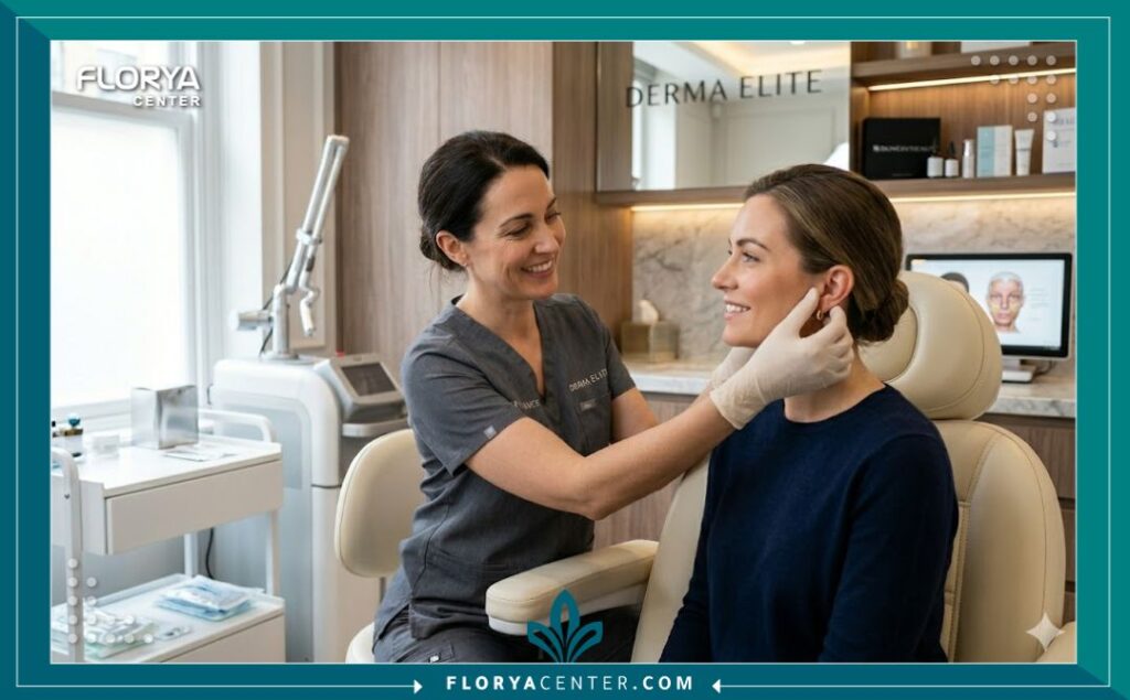 طبيب تجميل مختص يفحص أذن مريضة داخل عيادة تجميل راقية وحديثة استعداداً لإجراء تجميل الأذن البارزة بالخيوط.