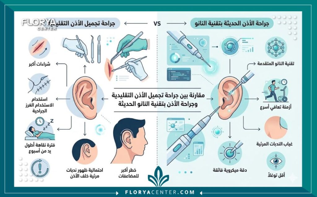 تجميل الاذن بتقنية النانو 3 إنفوجرافيك يقارن بين الجراحة التقليدية وتجميل الاذن بتقنية النانو مبرزاً سرعة التعافي وغياب الندبات.
