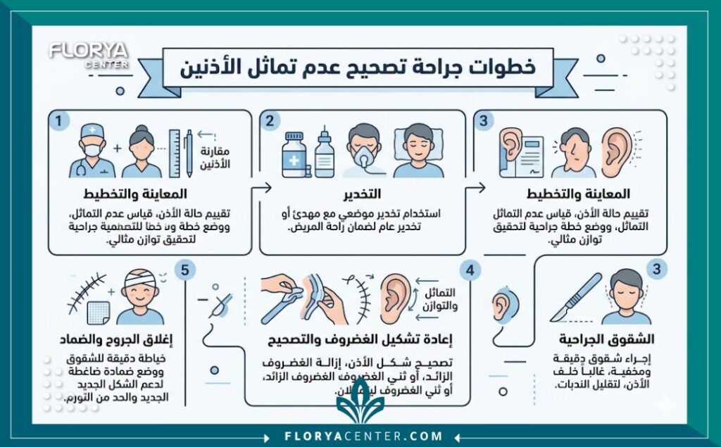 تجميل الاذن غير المتماثلة في تركيا 3 إنفوجرافيك يوضح خطوات ومراحل إجراء جراحة تجميل الاذن غير المتماثلة في تركيا.