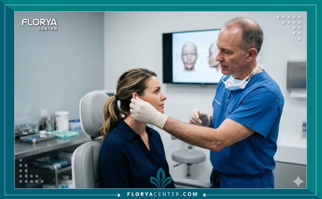طبيب جراحة تجميل متخصص يفحص أذن المريض في عيادة حديثة للتحضير لإجراء تجميل الاذن من الخلف.