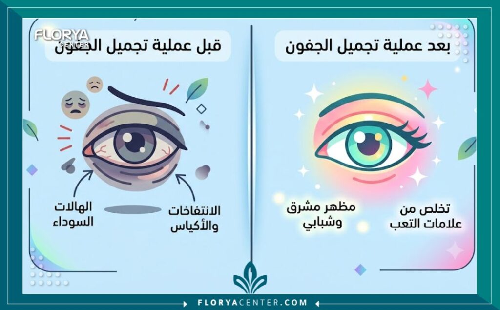 انفوجرافيك يقارن بين مظهر العين قبل وبعد عملية تجميل الجفون السفلية للتخلص من الهالات والانتفاخ.