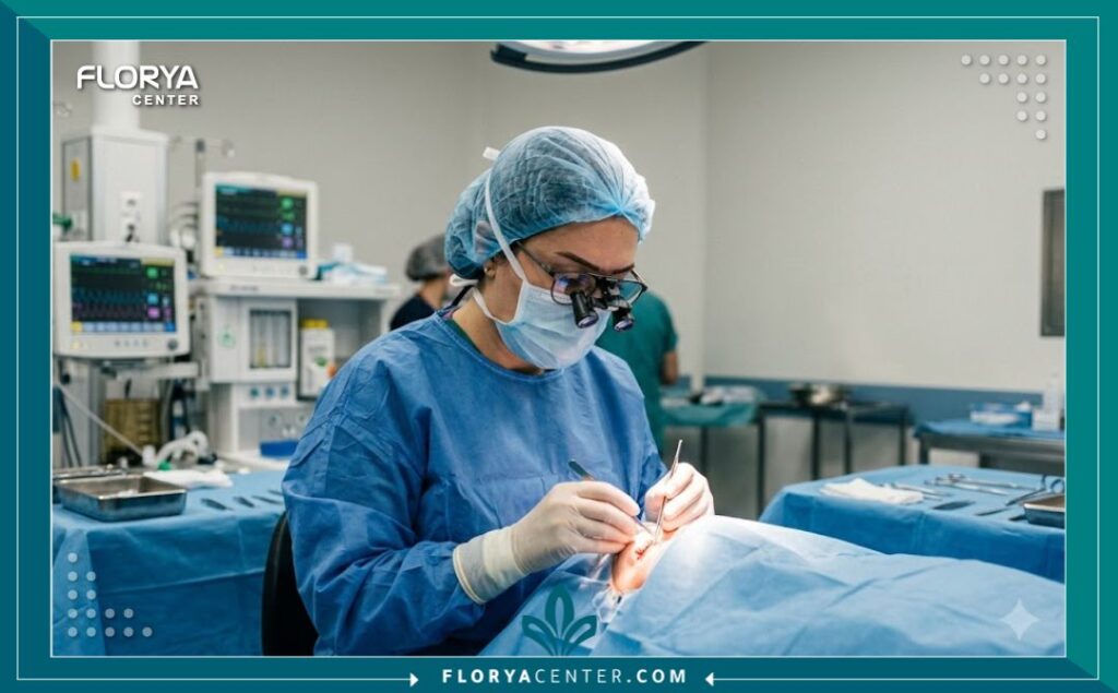 طبيبة جراحة تجري عملية تجميل الجفون السفلية في غرفة عمليات حديثة ومعقمة في اسطنبول.