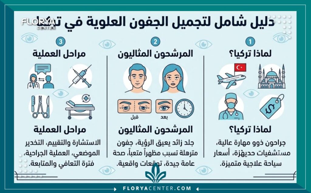 SEO Alt Text (Arabic): انفوجرافيك دليلك الشامل لعملية تجميل الجفون العلوية في تركيا، يوضح الأسباب، المرشحين، ومراحل العملية باللغة العربية.