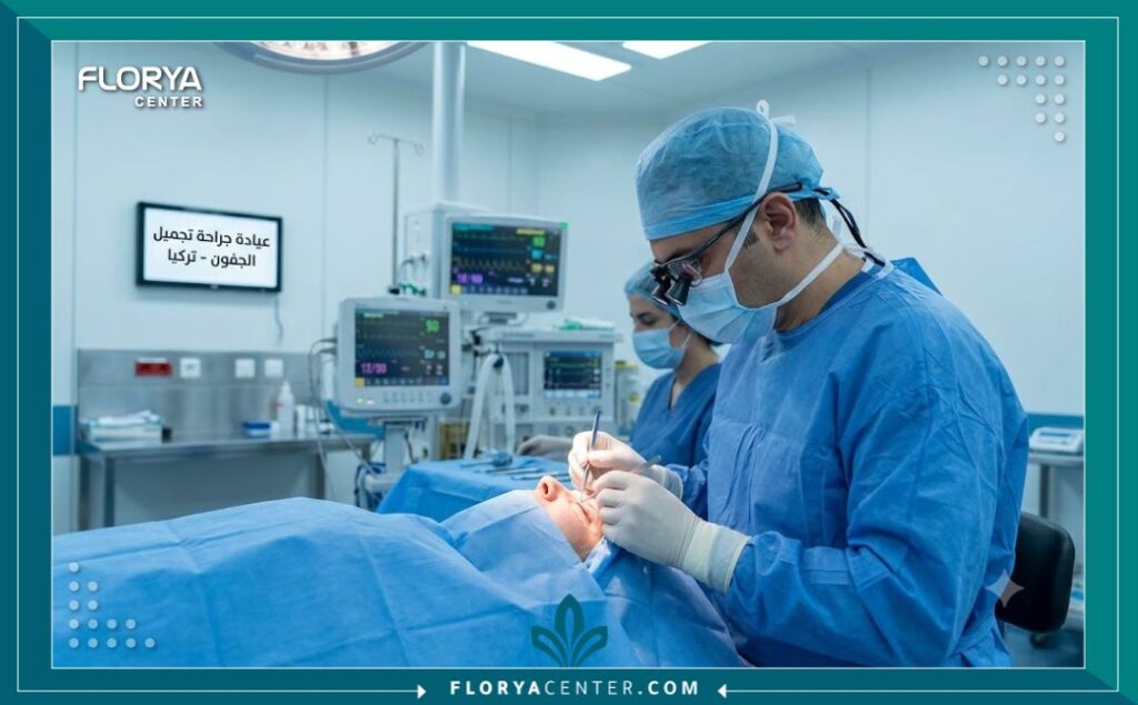 طبيب متخصص يجري تجميل الجفون المترهلة في تركيا في غرفة عمليات معقمة بتركيا