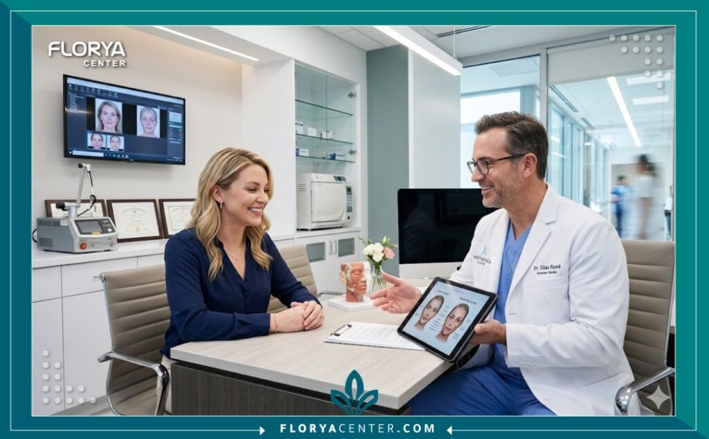 تجميل الوجه بالكامل في تركيا 4 طبيب جراحة تجميل يناقش خطة تجميل الوجه الشامل مع مريضة داخل عيادة طبية حديثة ومعقمة في اسطنبول.