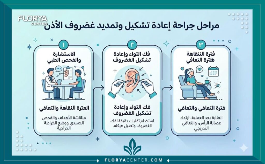 تجميل انكماش صيوان الاذن 3 إنفوجرافيك يشرح خطوات وفوائد إجراء عملية تجميل الأذن المطوية والمقوسة.