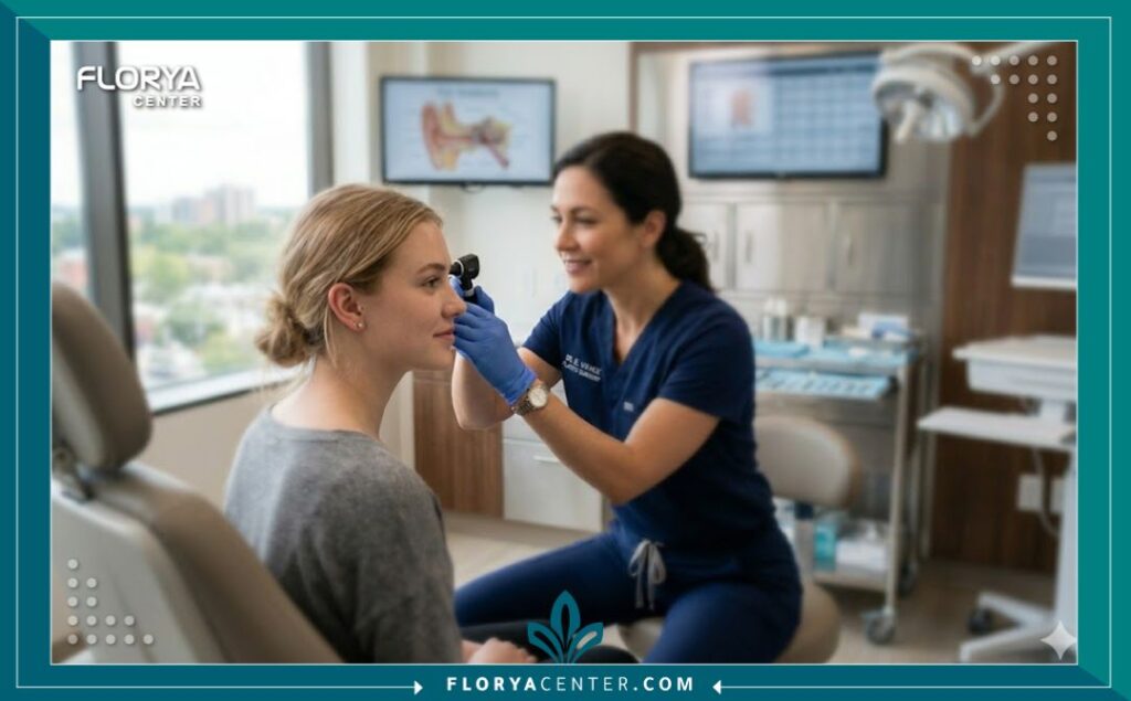 تجميل انكماش صيوان الاذن 4 جراح تجميل متخصص يقوم بفحص حالة انكماش صيوان الاذن وتحديد خطة تعديل الغضاريف في عيادة مجهزة.