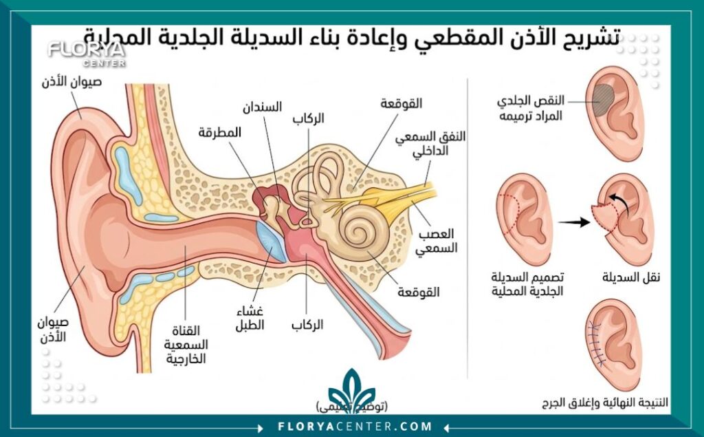 مخطط طبي تشريحي يوضح آلية نقل الرفرفة الجلدية من الأنسجة المجاورة لترميم الأذن المفقودة.