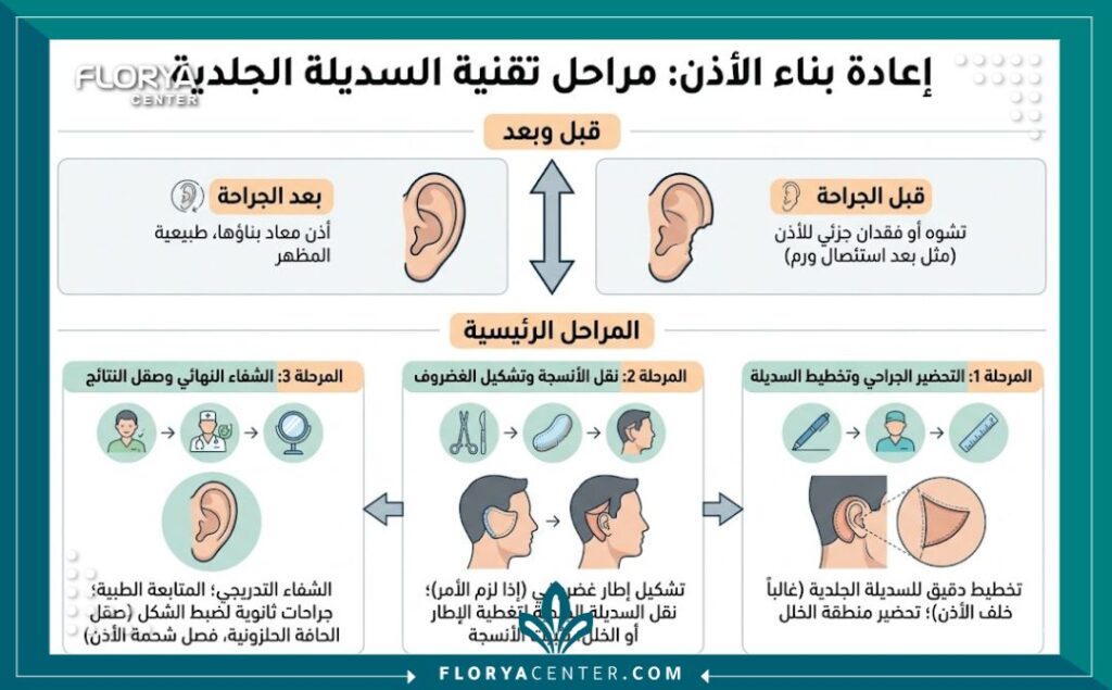 إنفوجرافيك طبي يوضح مراحل تعافي وترميم الأذن باستخدام تقنية الرفرفة الجلدية بالتفصيل.