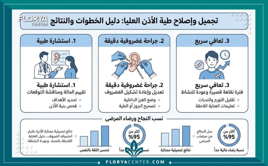 إنفوجرافيك يوضح بالتفصيل خطوات عملية تصحيح التفاف الأذن العلوي جراحياً  ومراحل التعافي السريعة.
