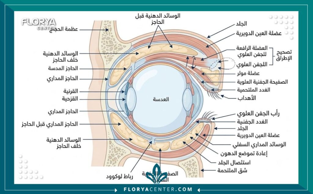 رسم توضيحي طبي مفصل يوضح تشريح الجفن والمناطق المستهدفة في عملية تصحيح الجفون الترميمية لإصلاح العيوب.