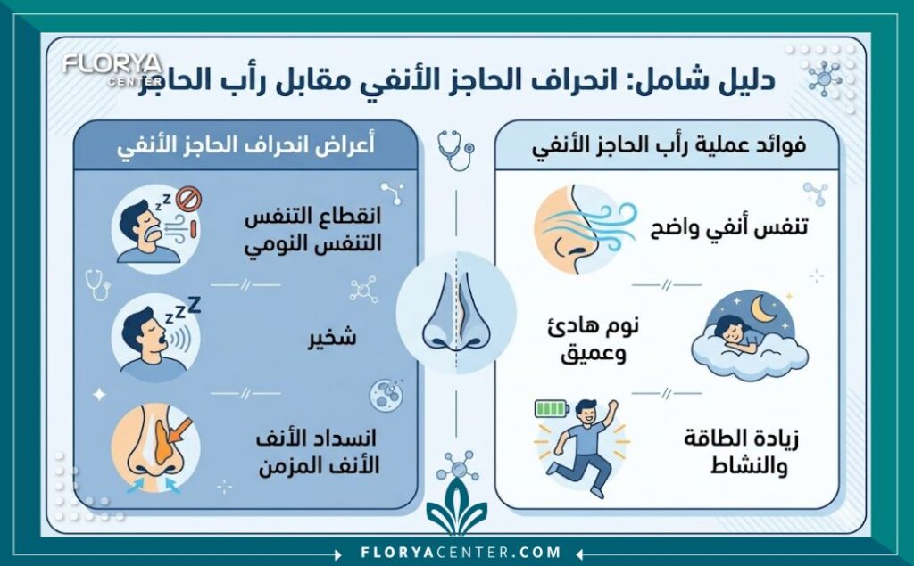 إنفوجرافيك يوضح أعراض انحراف الحاجز الأنفي المسببة للشخير والانسداد المزمن مقابل فوائد جراحة تعديل الوتيرة.