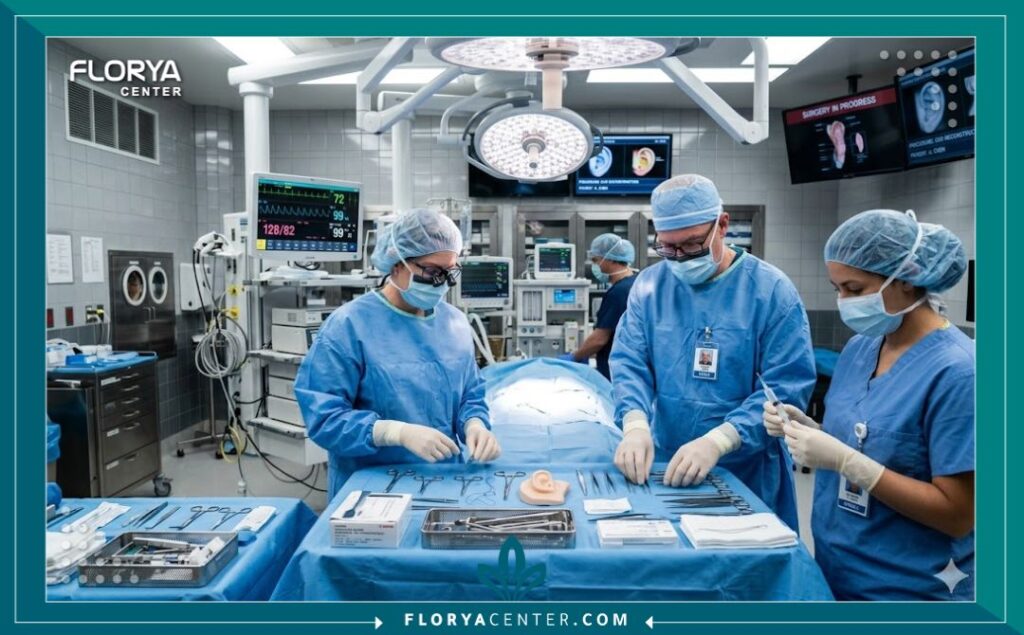 غرفة عمليات مجهزة بأحدث التقنيات الطبية أثناء التحضير لإجراء جراحة فك وشد غضاريف الأذن المنكمشة.