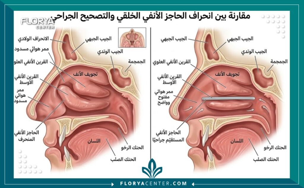 تصحيح تشوهات الأنف الخلقية 2 رسم تشريحي طبي يوضح تعديل الحاجز الأنفي وإصلاح مجرى الهواء لعلاج صعوبات التنفس وعيوب الولادة.