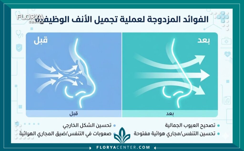 تصحيح تشوهات الأنف الخلقية 3 إنفوجرافيك يوضح فوائد تصحيح تشوهات الأنف الخلقية من حيث تحسين الشكل الخارجي وتسهيل عملية التنفس.