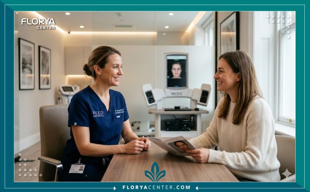 تصحيح تشوهات الأنف الخلقية 4 استشارة طبية مع جراح تجميل متخصص داخل عيادة حديثة للتحضير لعملية إصلاح تشوهات الأنف.