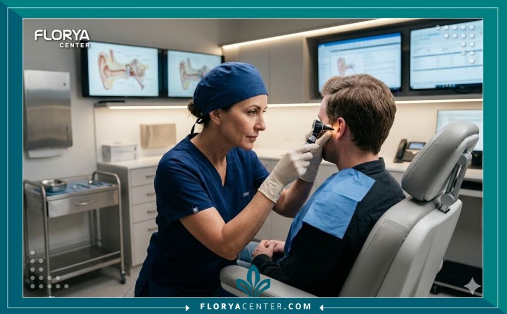 طبيب جراحة تجميل تركي خبير يقوم بفحص أذن المريض بدقة داخل مستشفى حديث مجهز بأحدث التقنيات الطبية.