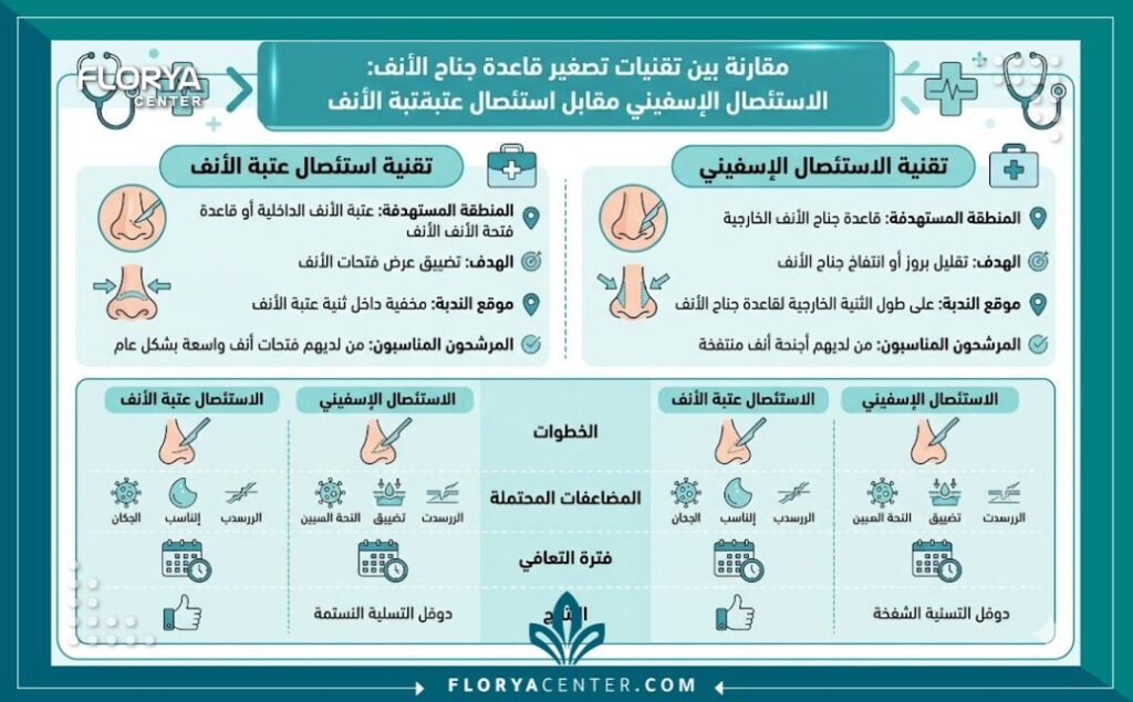 تصغير خياشيم الأنف في تركيا 3 إنفوجرافيك يقارن بين التقنيات الجراحية المختلفة المستخدمة في تصغير خياشيم الأنف وتجميل الأرنبة.