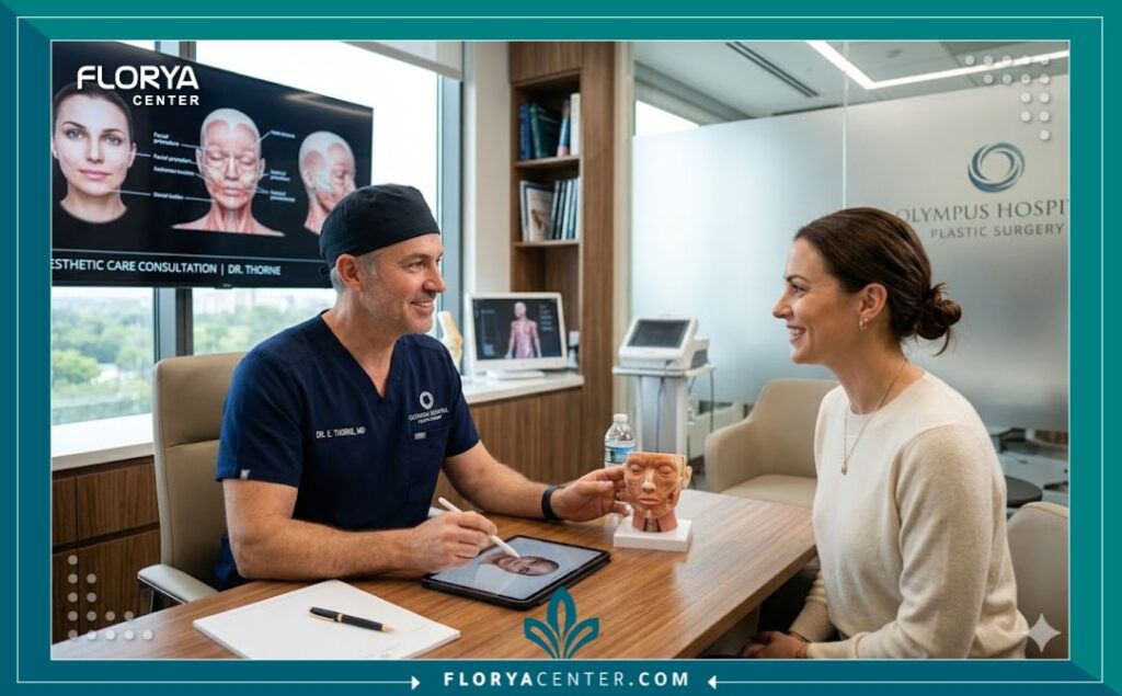 تصغير خياشيم الأنف في تركيا 4 استشارة طبية بين طبيب جراحة تجميل متخصص ومريضة في أفضل مستشفيات تركيا قبل الخضوع لعملية تصغير خياشيم الأنف.