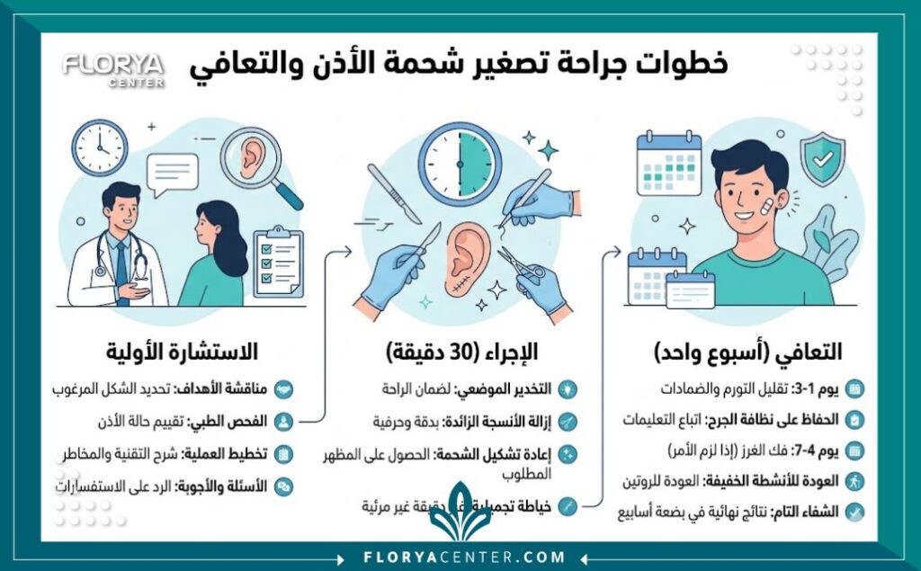 تصغير شحمة الأذن الكبيرة جراحياً 3 إنفوجرافيك يوضح خطوات جراحة تصغير الشحمة المزعجة وفترة التعافي السريعة.