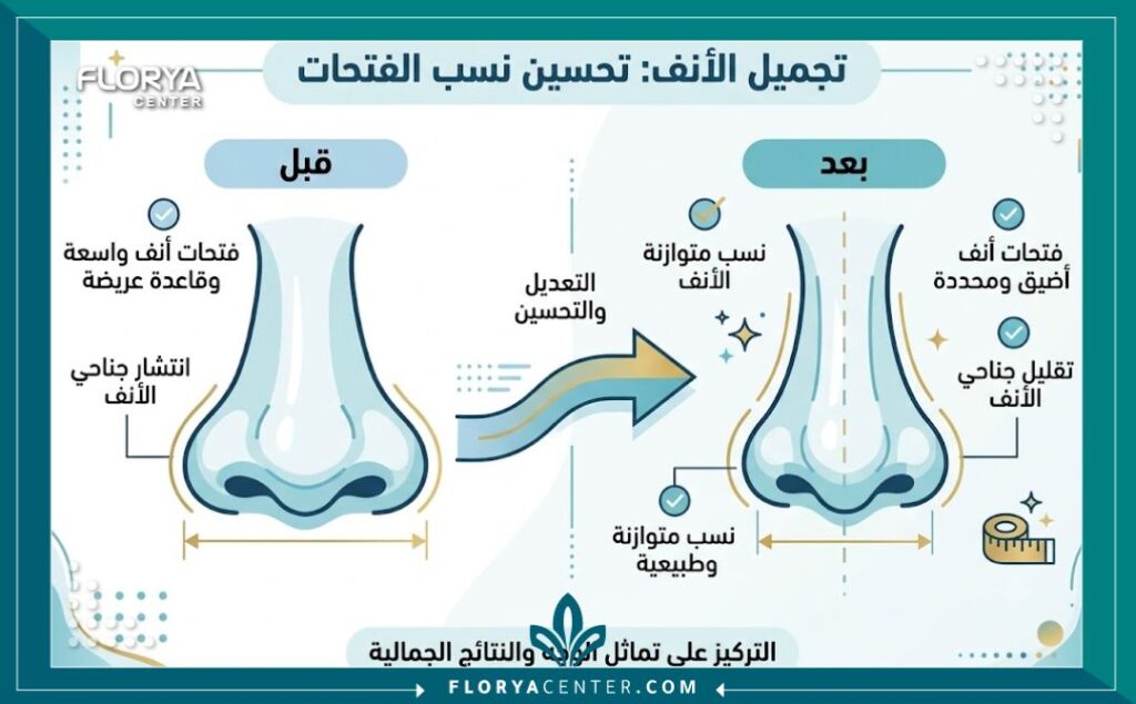 تصغير فتحات الأنف جراحياً في تركيا 2 - تصغير فتحات الأنف جراحياً في تركيا يعاني الكثيرون من اتساع الأرنبة عند الضحك، وهنا تبرز أهمية تصغير فتحات الأنف جراحياً في تركيا (Alar Base Reduction). يصحح الطب هذا التمدد العضلي بدقة، ويمثل مركز فلوريا المعيار الذهبي لضمان التناسق المثالي.