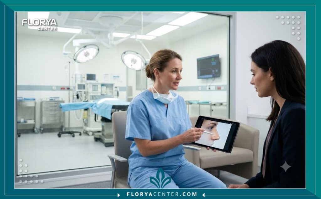 استشارة طبية مع جراح تجميل متخصص داخل عيادة حديثة في تركيا لتقييم تناسق أرنبة الأنف والفتحات.
