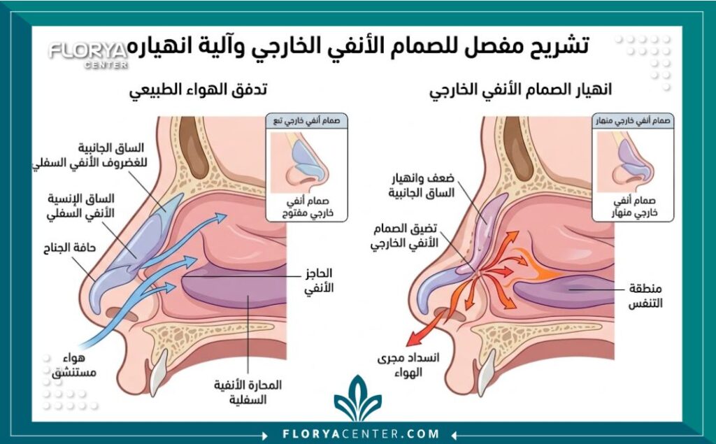 تعديل الصمام الأنفي الخارجي جراحياً 2 رسم تشريحي طبي يوضح تركيبة الغضاريف وميكانيكية علاج انخماص الفتحات أثناء الشهيق في الصمام الأنفي.