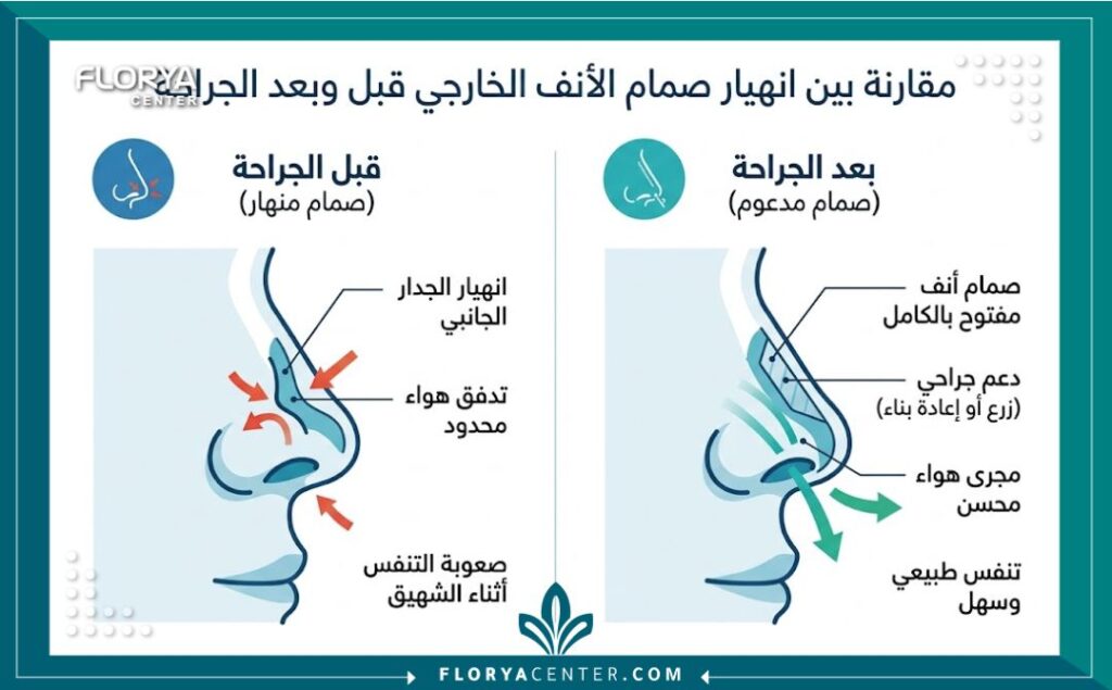 تعديل الصمام الأنفي الخارجي جراحياً 3 إنفوجرافيك يقارن بين حالة انخماص الأنف عند الشهيق والنتيجة الفعالة بعد إصلاح ضعف الغضاريف الخارجية.