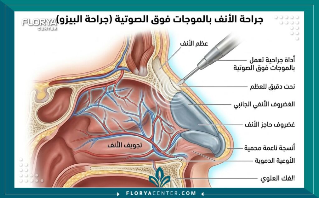 رسم توضيحي طبي لآلية عمل تقنية بيزو ألتراسونيك في نحت عظام الأنف بدقة مع الحفاظ على الأنسجة الرخوة وتقليل الصدمة الجراحية.