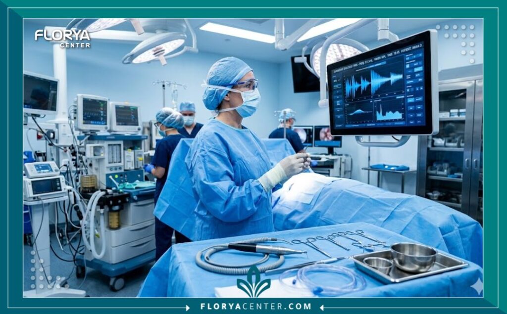 غرفة عمليات حديثة مجهزة بأحدث أجهزة الألتراسونيك لنحت الأنف وإجراء جراحات الوجه الدقيقة في بيئة طبية معقمة.